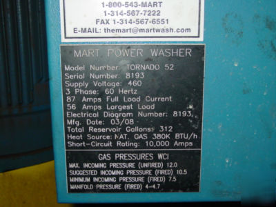 Mart tornado 52 parts washer reconditioned 70HP 