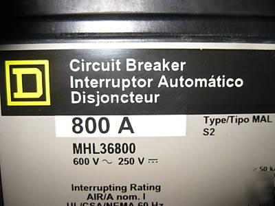 Square d model 6 main breaker mhl mcc bucket 800 a amp