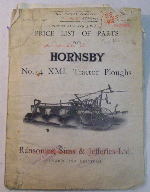 Hornsby 1937 no. 4 xml tractor ploughs parts price book
